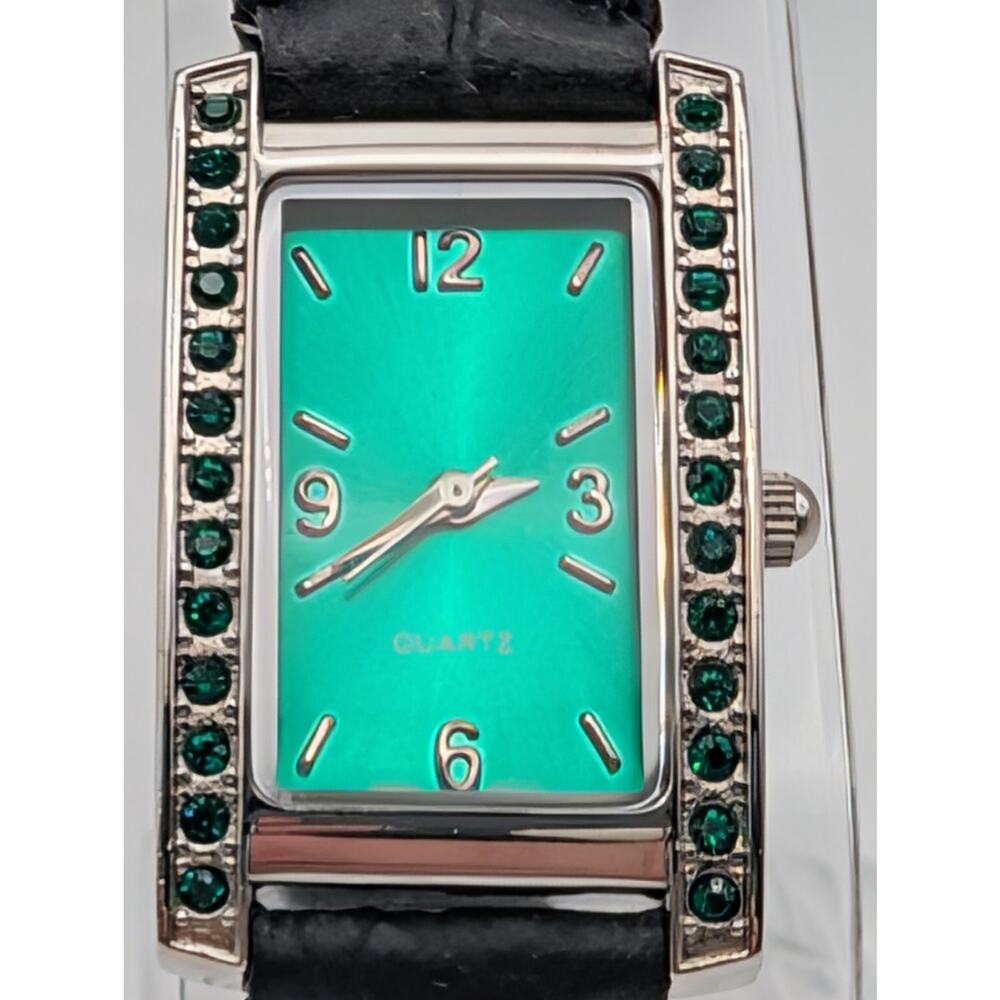 Green Dial Rectangular Quartz Watch Crystal Accen… - image 2